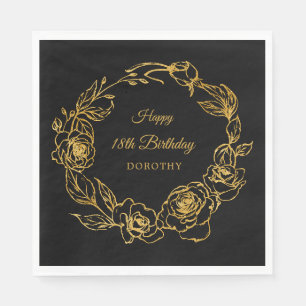 18th Birthday Party Luxe Gold Rose Black Cocktail Napkin