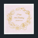 18th Birthday Party Luxe Gold Rose Pink Cocktail Napkin<br><div class="desc">Elegant rose gold floral 18th birthday paper napkins feature pretty script calligraphy surrounded by a lush gold rose wreath. The roses look beautiful with the pink background. You can actually change the background colour to any colour. All of the text can be edited. This item is part of the Luxe...</div>