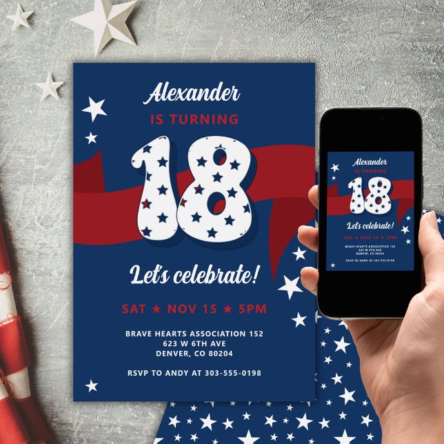 18th Birthday Party Mens Patriotic Red White Blue Invitation (Creator Uploaded)