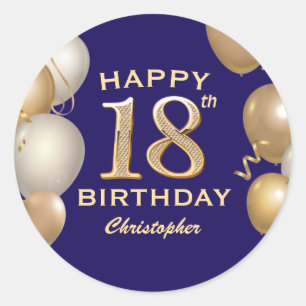 18th Birthday Party Navy Blue and Gold Balloons Classic Round Sticker