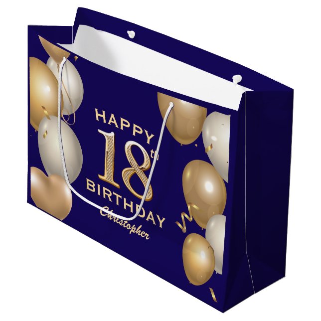 18th Birthday Party Navy Blue and Gold Balloons Large Gift Bag (Front Angled)