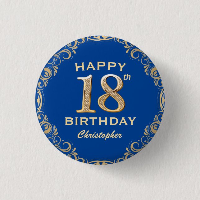 18th Birthday Party Navy Blue and Gold Glitter 3 Cm Round Badge (Front)