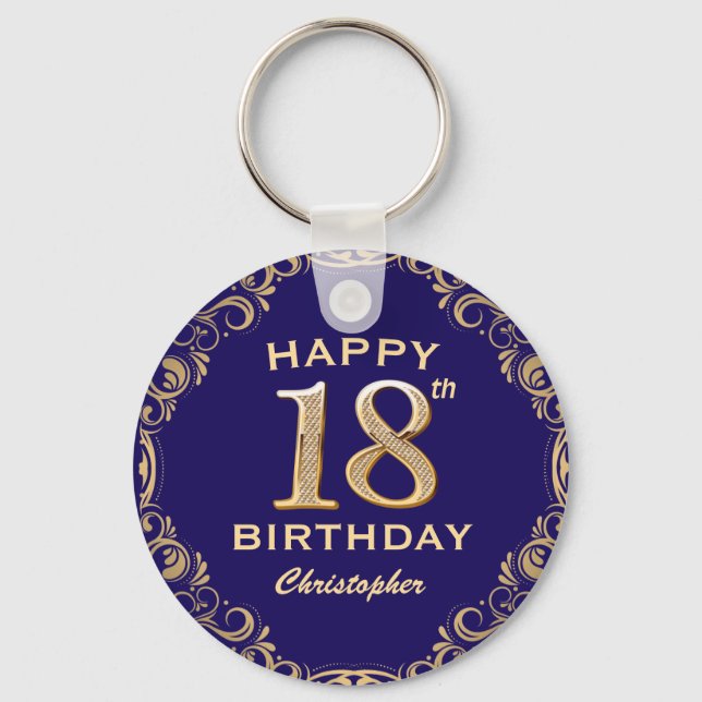 18th Birthday Party Navy Blue and Gold Glitter Key Ring (Front)
