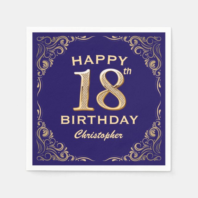 18th Birthday Party Navy Blue and Gold Glitter Napkin (Front)