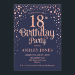 18th Birthday Party - Navy & Rose Gold Invitation<br><div class="desc">18th Birthday Party Invitation.
Elegant design in navy blue and faux glitter rose gold. Features stylish script font and confetti. Message me if you need custom age.</div>
