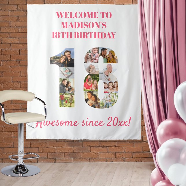 18th Birthday Party Photo Collage Pink Backdrop Tapestry (Creator Uploaded)