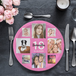 18th birthday party photo collage pink glitter paper plate