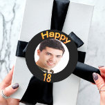 18th birthday party photo gold balloons black classic round sticker<br><div class="desc">A sticker for a 18th birthday party for guys. Template for your photo.  Black background and the text: Happy 18.  The text is written with a trendy faux gold balloon script.</div>