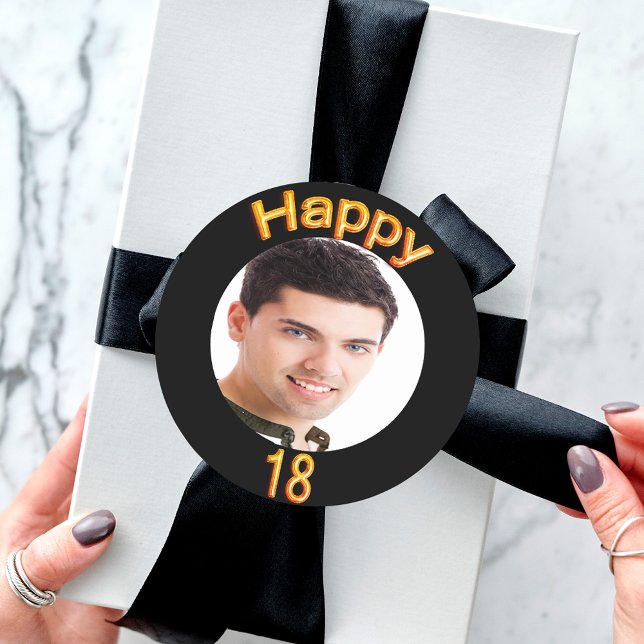 18th birthday party photo gold balloons black classic round sticker (Creator Uploaded)