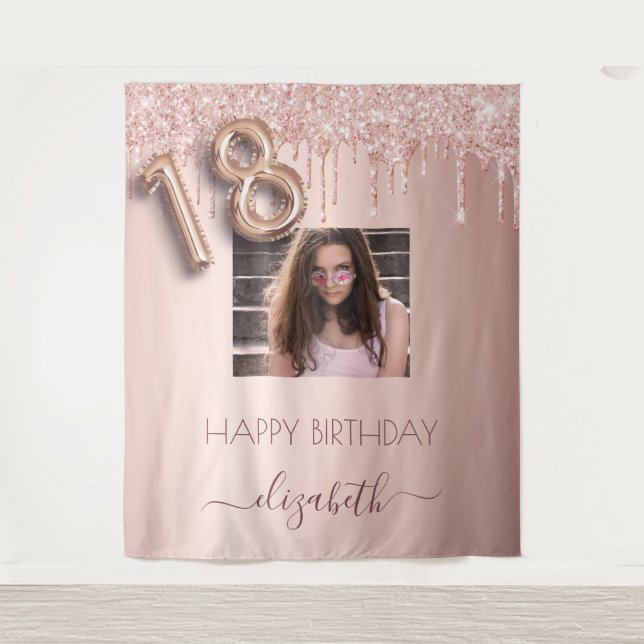 18th birthday party photo rose gold glitter pink tapestry (Front)