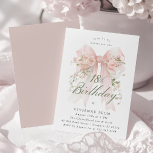 18th Birthday Party Pink Coquette Bow Rose Floral Invitation