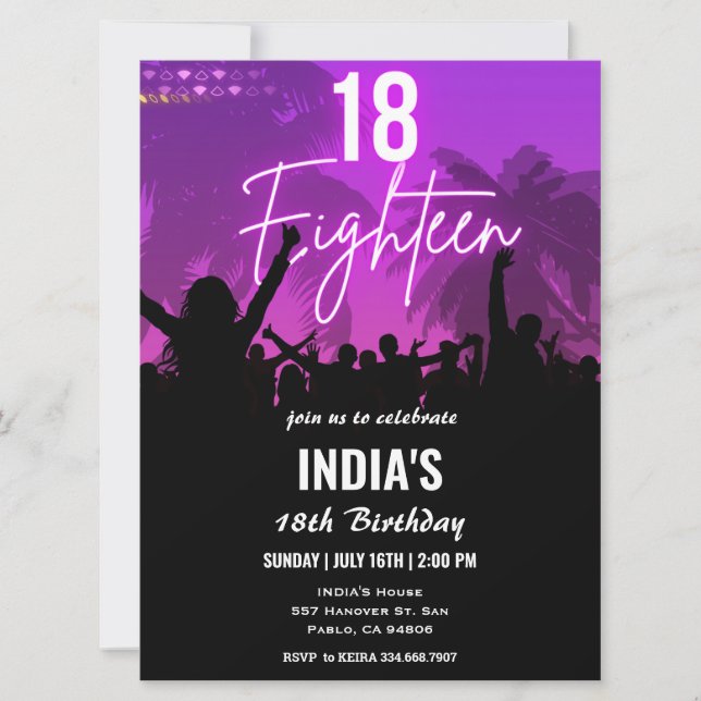 18th Birthday Party Pink Neon Invitation (Front)