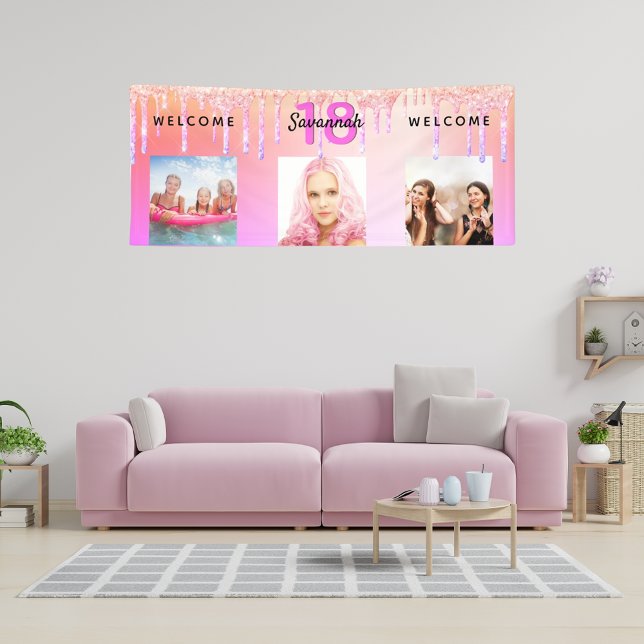 18th birthday party pink photo glitter welcome banner (Creator Uploaded)