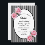 18th birthday party pink roses black white stripes invitation<br><div class="desc">Classic slim black and white vertical stripes as background.  With pink roses as decoration.  An oval frame with templates for your party information.
 A girly,  feminine and elegant 18th birthday party invitation.</div>