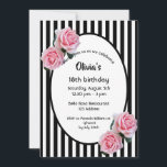 18th birthday party pink roses black white stripes invitation<br><div class="desc">Classic slim black and white vertical stripes as background.  With pink roses as decoration.  An oval frame with templates for your party information.
 A girly,  feminine and elegant 18th birthday party invitation.</div>
