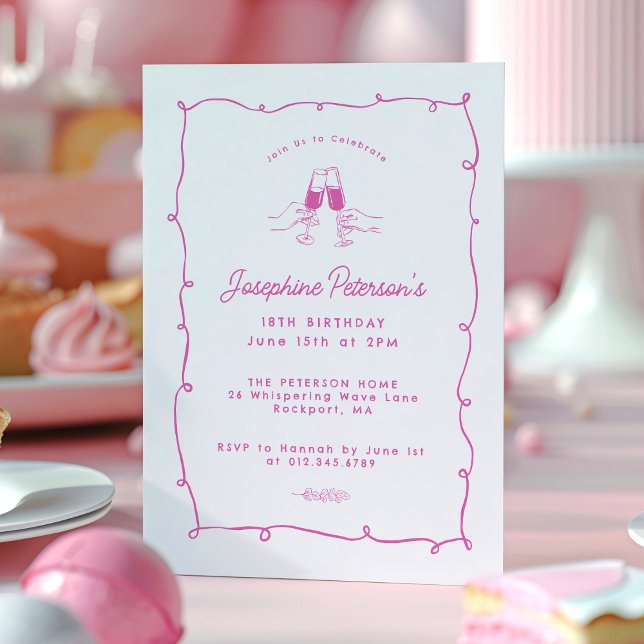 18th Birthday Party Pink Whimsical Doodle  Invitation (Creator Uploaded)