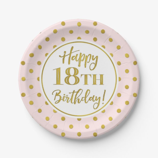 18th Birthday Party Pink White Gold Dots Paper Pla Plate (Front)