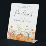 18th Birthday Party Pumpkin Wildflower Welcome Pedestal Sign<br><div class="desc">Fall pumpkins are nestled in delicate golden yellow and orange wildflowers to create an elegant aesthetic. All of the text is editable so you can easily craft your own special mood.</div>