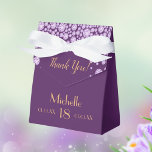 18th birthday party puple gold thank you name favour box<br><div class="desc">An elegant and glamourous 18th birthday favour box.  Purple backdrop and ultra violet,  lavender coloured faux diamonds. With the text: Thank You!  Templates for a name,  date of birth and date of anniversary and age number. Golden letters.</div>