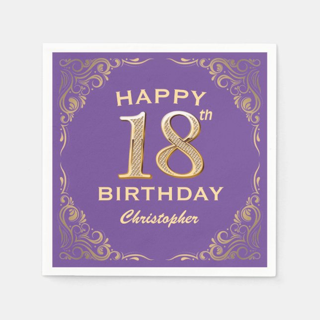 18th Birthday Party Purple and Gold Glitter Frame Napkin (Front)