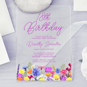 18th Birthday Party Purple Boho Wildflower Acrylic Invitations