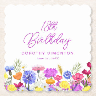 18th Birthday Party Purple Wildflower Custom Paper Coaster