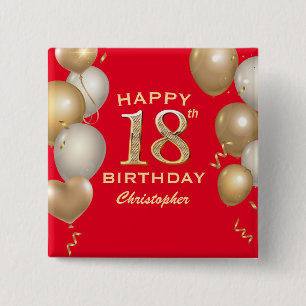 18th Birthday Party Red and Gold Balloons 15 Cm Square Badge
