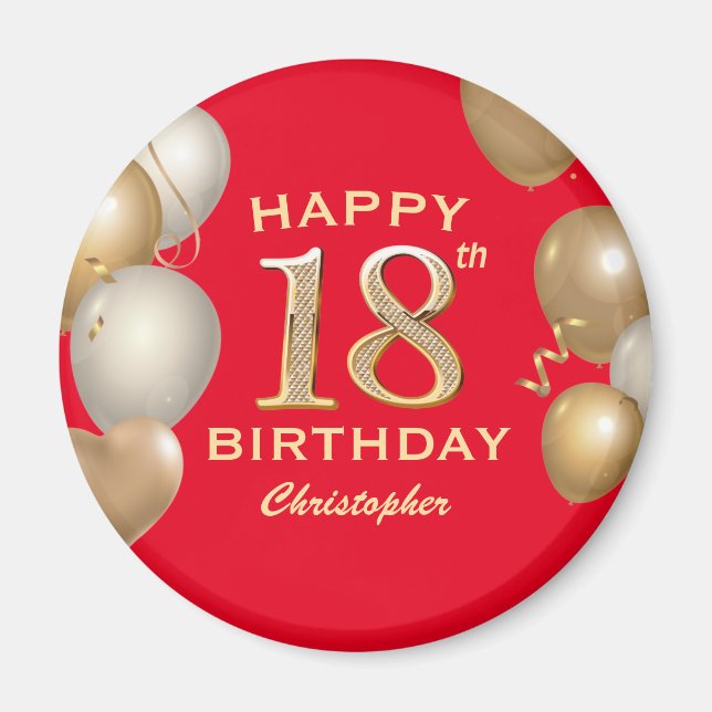 18th Birthday Party Red and Gold Balloons Magnet (Front)