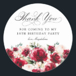 18th Birthday Party Red Pink Floral Thank You Classic Round Sticker<br><div class="desc">Add a special touch to your 18th birthday party favours with this elegant round thank you sticker. It features a watercolor red rose and pink peony floral border along the bottom. Dark green leaves give it a rustic botanical vibe. Thank you is written in a beautiful classic script. Two lines...</div>