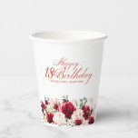 18th Birthday Party Red Rose Pink Peony Custom Paper Cups<br><div class="desc">Pretty red roses and blush pink peonies decorate this 18th birthday party can cooler. Elegant calligraphy spells out Happy 18th birthday. The birthday celebrant's name is below. This item is part of the Red Rose and Pink Peony collection. It contains professionally designed invitation templates, welcome sign templates and personalised party...</div>