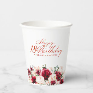 18th Birthday Party Red Rose Pink Peony Custom Paper Cups
