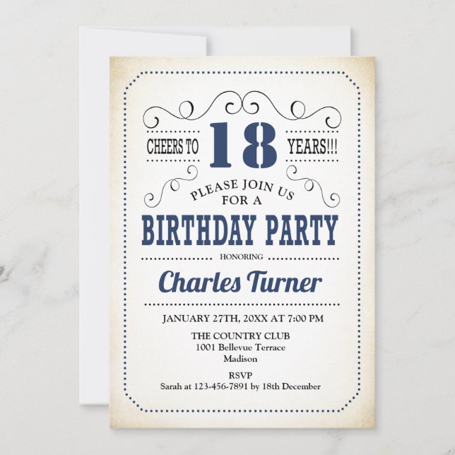 18th Birthday Party - Retro Creamy White and Navy Invitation (Front)
