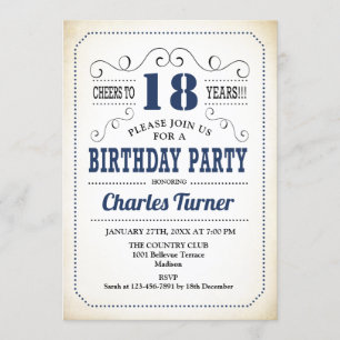 18th Birthday Party - Retro Creamy White and Navy Invitation