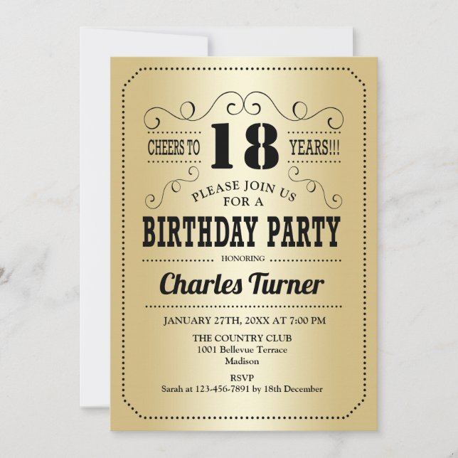 18th Birthday Party - Retro Gold Black Invitation (Front)