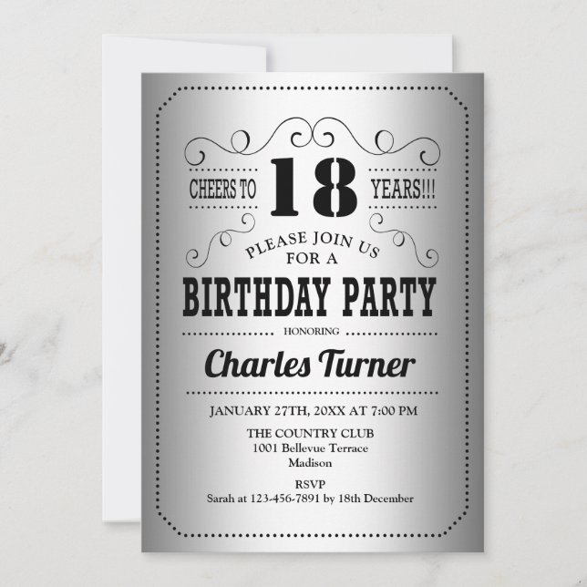 18th Birthday Party - Retro Silver Black Invitation (Front)