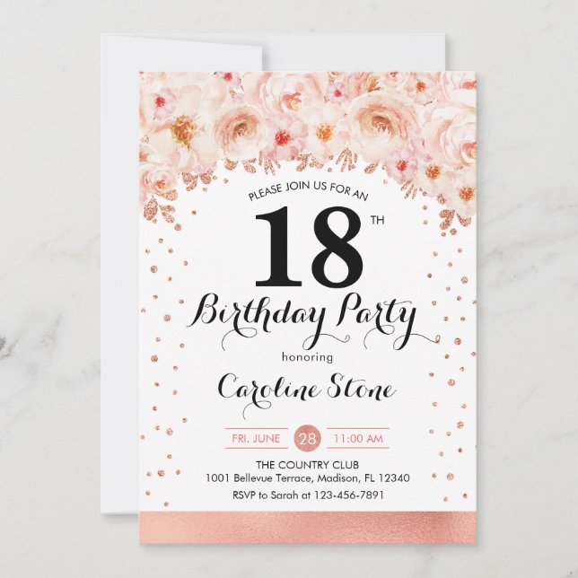 18th Birthday Party - Rose Gold Flowers Invitation (Front)