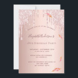 18th birthday party rose gold glitter drips invitation<br><div class="desc">A girly and feminine 18th birthday party invitation. On front: A rose gold faux metallic, foil looking background. Decorated with rose gold and pink fall botanical leaves and glitter drips. Personalise and add a name and party details. The name is written with a hand lettered style script, dark rose gold...</div>