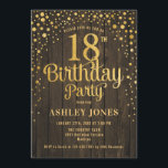 18th Birthday Party - Rustic Wood & Gold Invitation<br><div class="desc">18th Birthday Party Invitation.
Elegant design in faux glitter gold and dark brown rustic wood pattern. Features stylish script font and confetti. Message me if you need custom age.</div>
