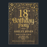 18th Birthday Party - Rustic Wood & Gold Invitation<br><div class="desc">18th Birthday Party Invitation.
Elegant design in faux glitter gold and dark brown rustic wood pattern. Features stylish script font and confetti. Message me if you need custom age.</div>