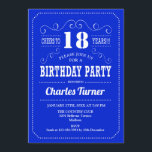 18th Birthday Party - Ryal Blue White Invitation<br><div class="desc">18th Birthday Party Invitation.
Elegant royal blue and white retro design with script font. Cheers to 18 years! Message me if you need further customisation.</div>