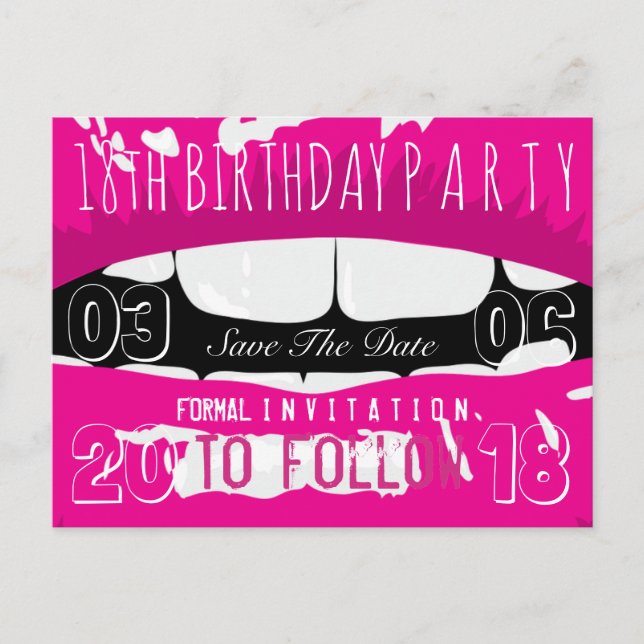18th Birthday Party Save The Date Hot Pink Lips Announcement Postcard (Front)