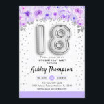 18th Birthday Party - Silver Balloons Purple Invitation<br><div class="desc">18th birthday party invitation. Elegant design in faux glitter silver with floral accent. Invite card with silver number 18 balloons,  script font with confetti. Pastel purple,  lavender white. Perfect for a stylish eighteenth bday celebration. Message me if you need custom age.</div>