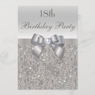 18th Birthday Party Silver Sequins, Bow & Diamond Invitation