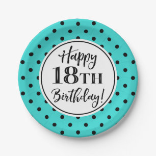 18th Birthday Party Turquoise White Black Dots Paper Plate