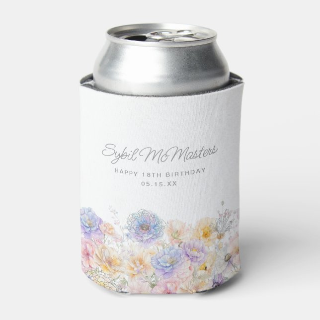 18th Birthday Party Watercolor Floral Custom Can Cooler (Can Front)