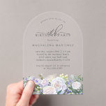 18th Birthday Party White Blue Floral Arch Acrylic Invitations<br><div class="desc">Elegant white rose and blue wildflower floral arrangement decorates the bottom of this modern arch-shaped birthday invitation. 18th is written in a modern script font. The remainder of the text is a spacious serif.</div>