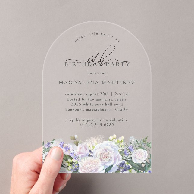 18th Birthday Party White Blue Floral Arch Acrylic Invitations (Insitu (Handheld))