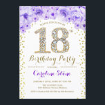 18th Birthday Party - White Gold Purple Invitation<br><div class="desc">18th Birthday Party Invitation
Elegant design in faux glitter gold,  purple and white. Stylish floral invitation with diamonds and roses. Perfect for a glam celebration. Please message me if you need further customisation.</div>