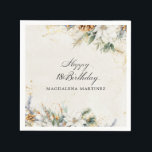18th Birthday Party White Winter Floral Custom Napkin<br><div class="desc">Elegant winter white flowers are nestled in pine greenery and pinecones. The soft ivory white watercolor wash background is accented with gold flecks to create a sophisticated and chic aesthetic.</div>