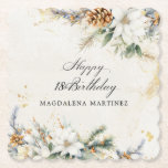 18th Birthday Party White Winter Floral Custom Paper Coaster<br><div class="desc">Elegant winter white flowers are nestled in pine greenery and pinecones. The soft ivory white watercolor wash background is accented with gold flecks to create a sophisticated and chic aesthetic.</div>